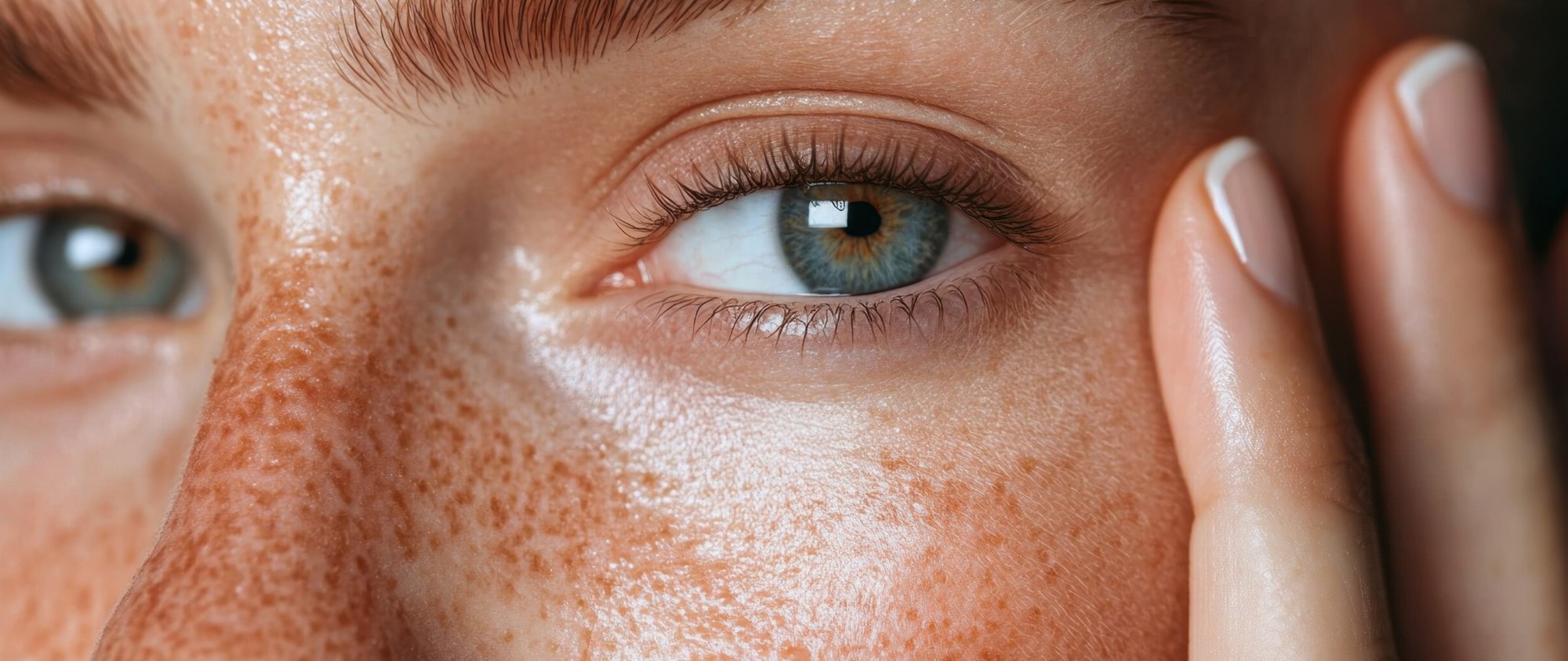 Nahaufnahme eines hellblauen Auges mit scharfem Blick.