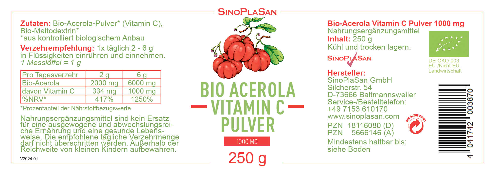 Bio Acerola Vitamin C Pulver Etikett
