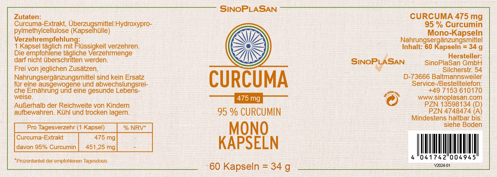 Curcuma mono Kapseln Etikett
