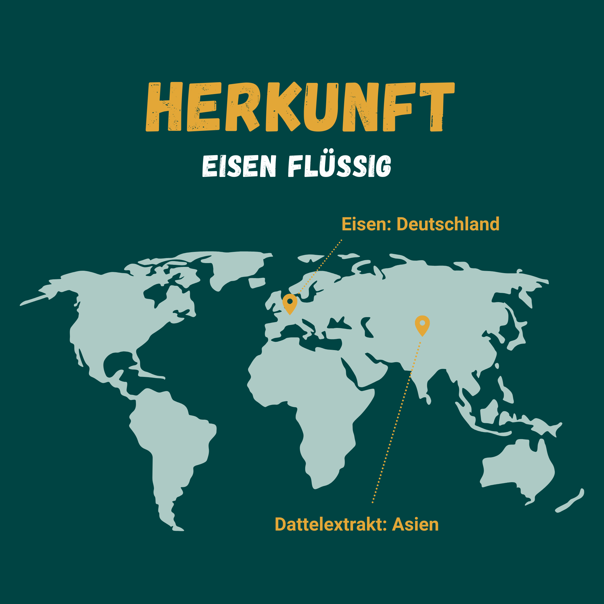 Grafik zur Herkunft von Eisen: Deutschland.
Grafik zur Herkunft von Dattelextrakt: Asien.