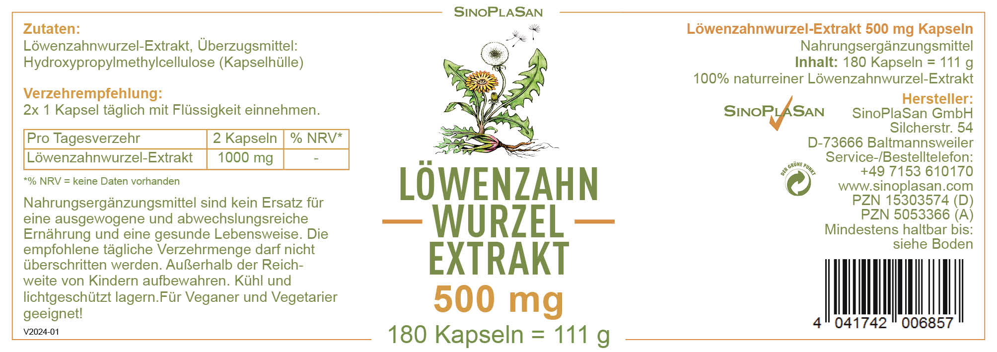Produktetikett von Löwenzahnwurzel Kapseln von Sinoplasan