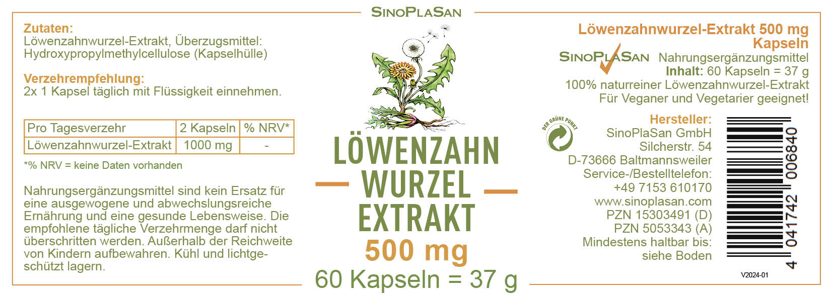 Produktetikett von Löwenzahnwurzel Kapseln von Sinoplasan