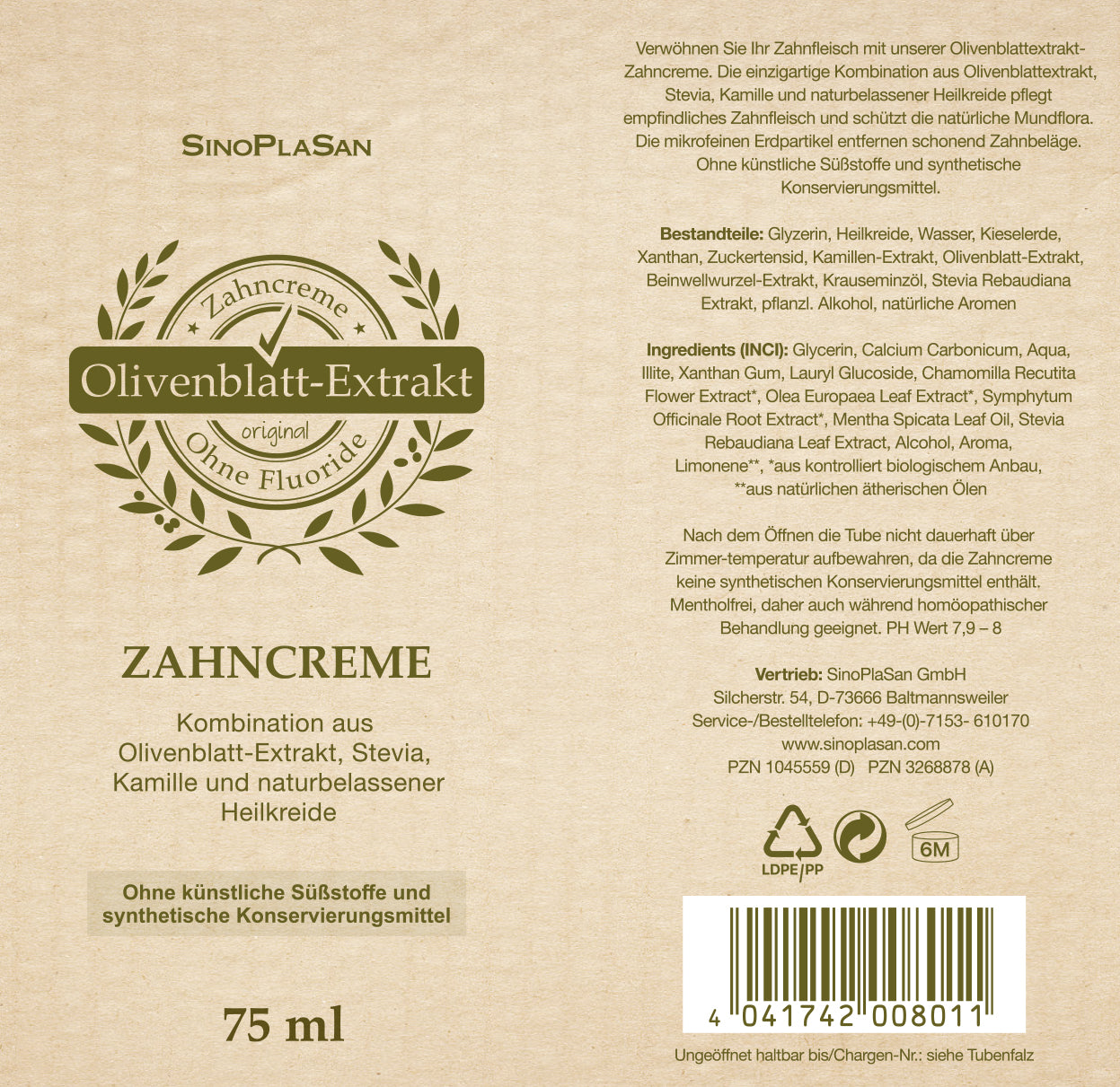 Olivenblatt Extrakt Zahncreme Etikett