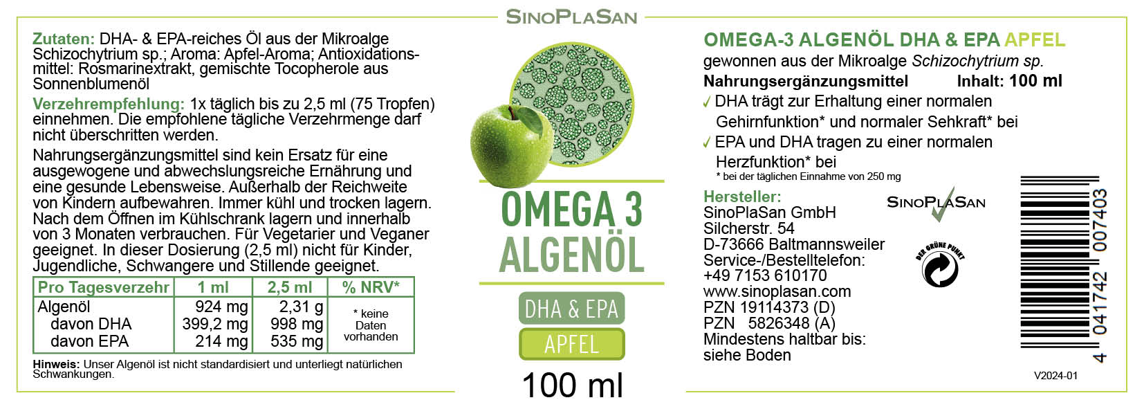 Etikett Algenöl flüssig, Geschmack: Apfel