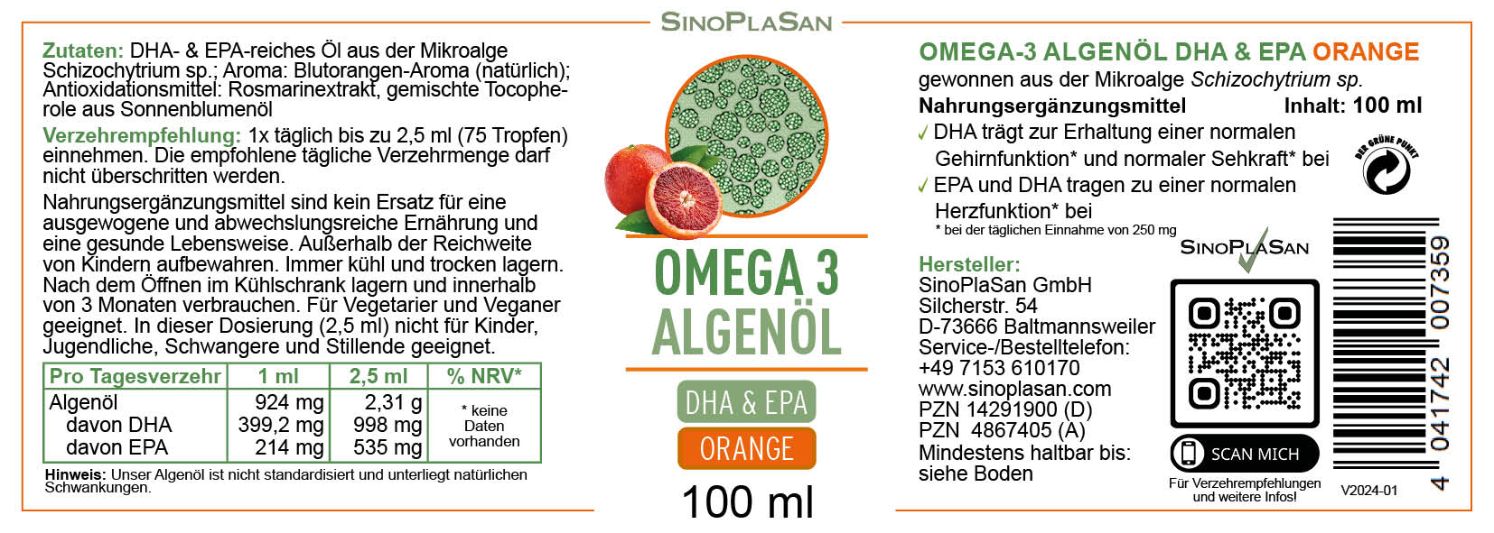 Etikett von Algenöl flüssig, Geschmack Orange
