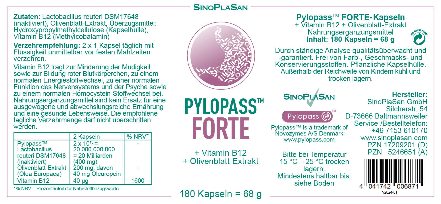 Produktetikett von Pylopass FORTE 180 Stück von Sinoplasan