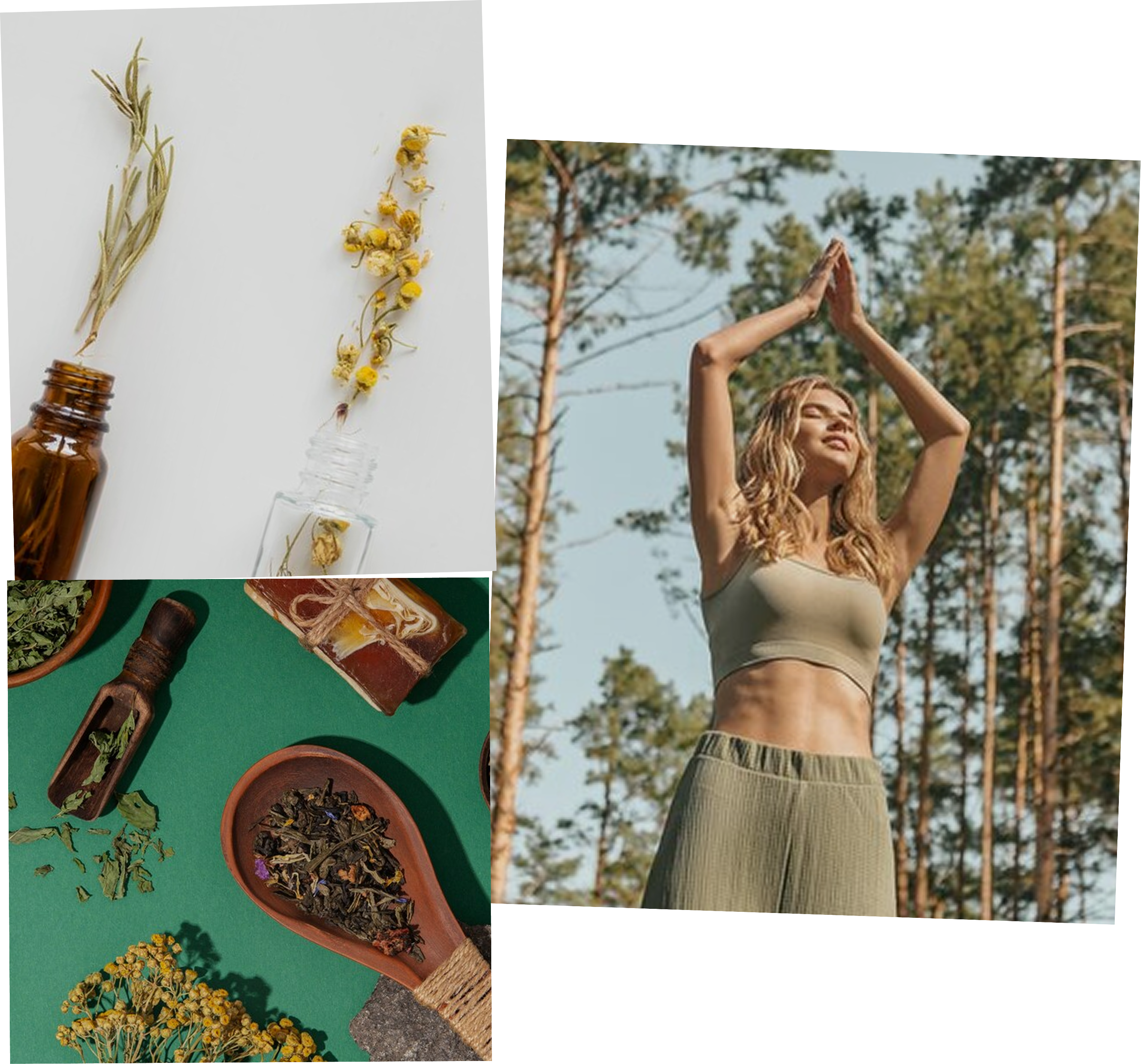 Collage aus drei Fotos: ein Mädchen beim Yoga im Freien, Gewürze und Blumen
