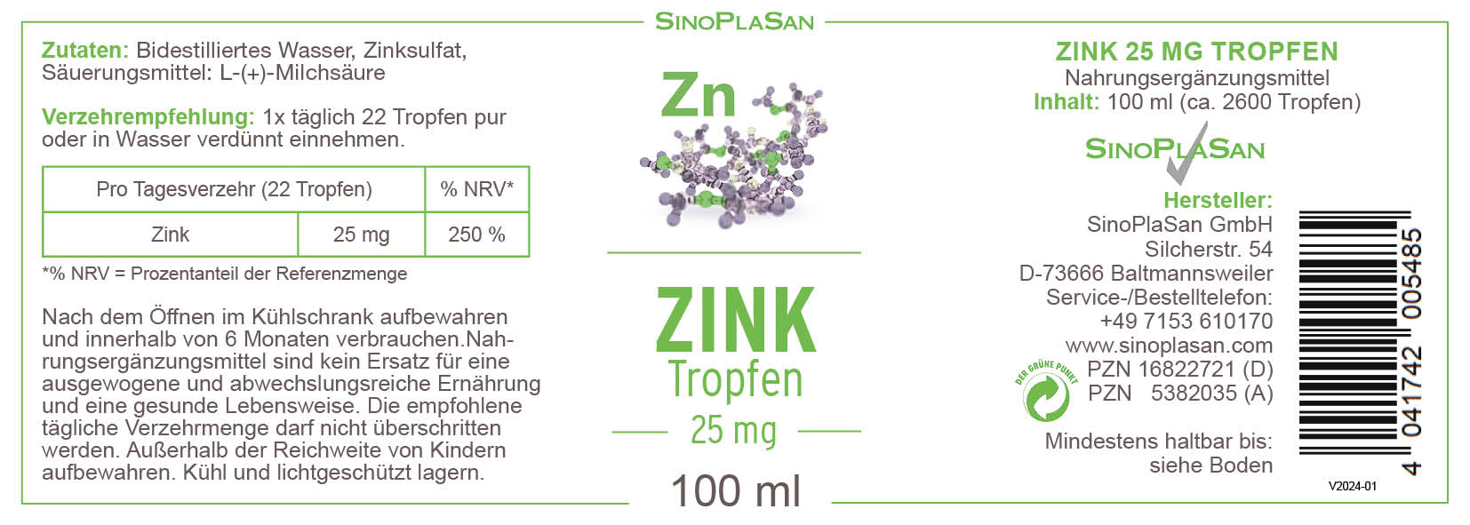 Zink Tropfen Etikett