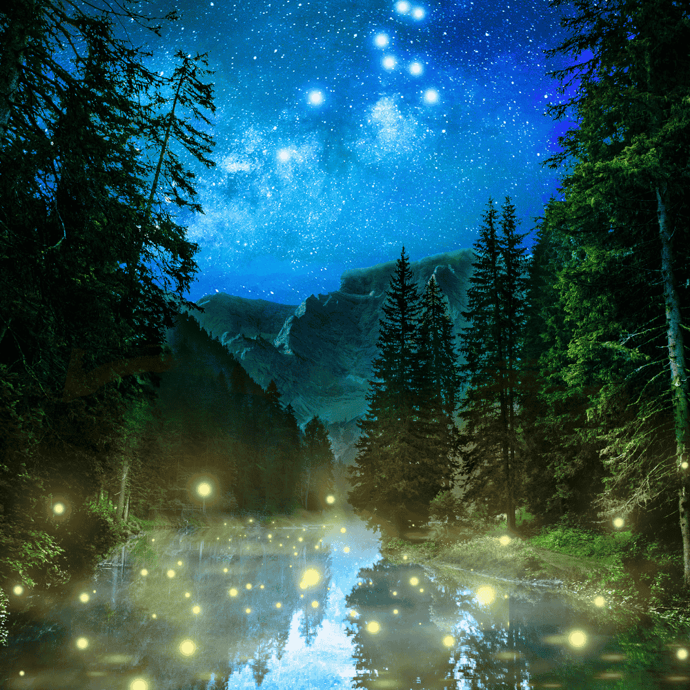 Nächtliche Berglandschaft mit Sternen, Tannen, Glühwürmchen und einem Fluss
