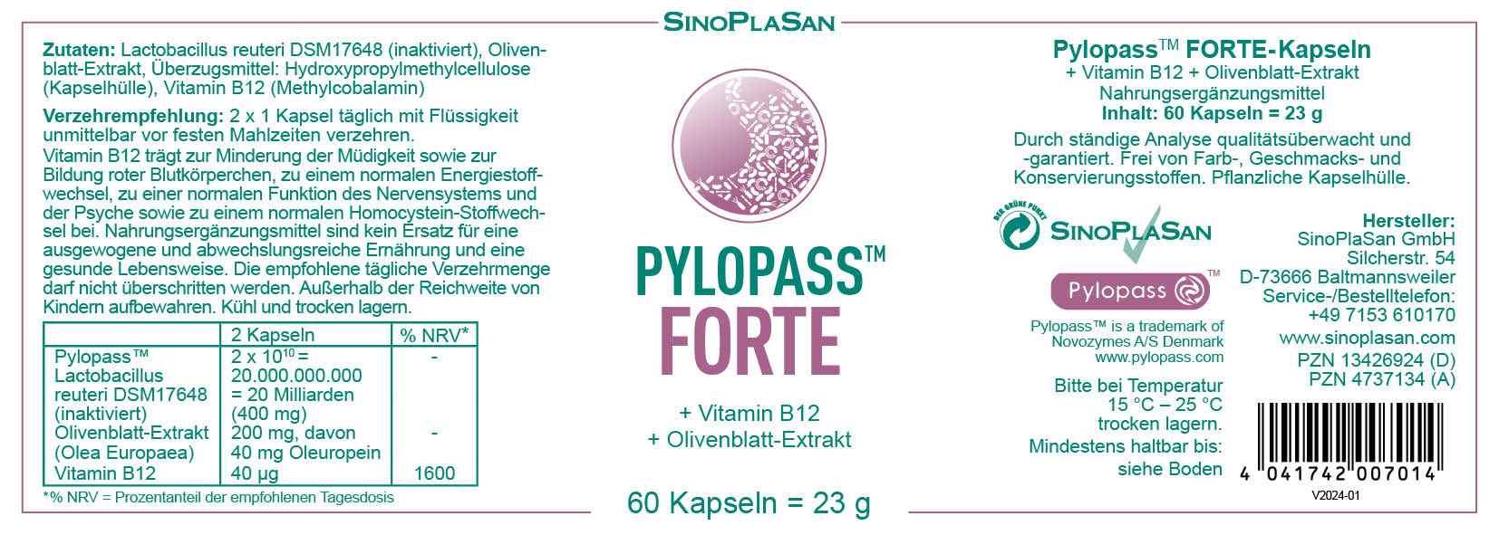 Produktetikett Pylopass FORTE 60 Stück von Sinoplasan